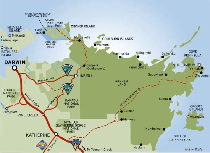 Map of Darwin to Nhulunbuy (dark green is Arnhem Land)with Cobourg                Peninsula | Gurig National Park off Arnhemland